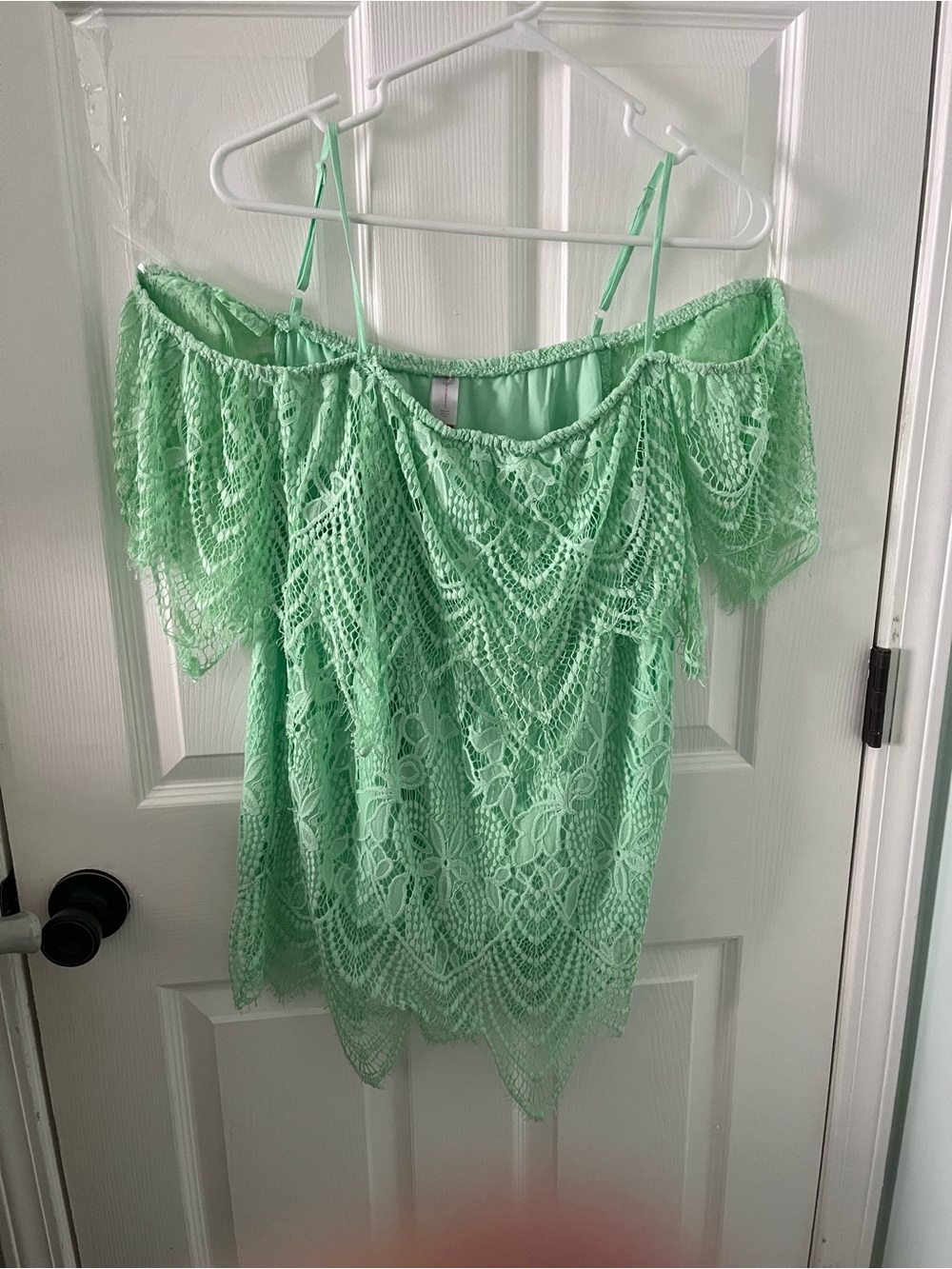 Women's Off-Shoulder Lace Overlay Top - Mint Green size 3XL